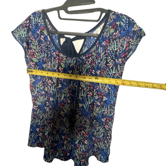 LC Lauren Conrad Blue Floral Cap Sleeve Blouse, Tie At Neck, Lightweight, Medium - Picture 6 of 11